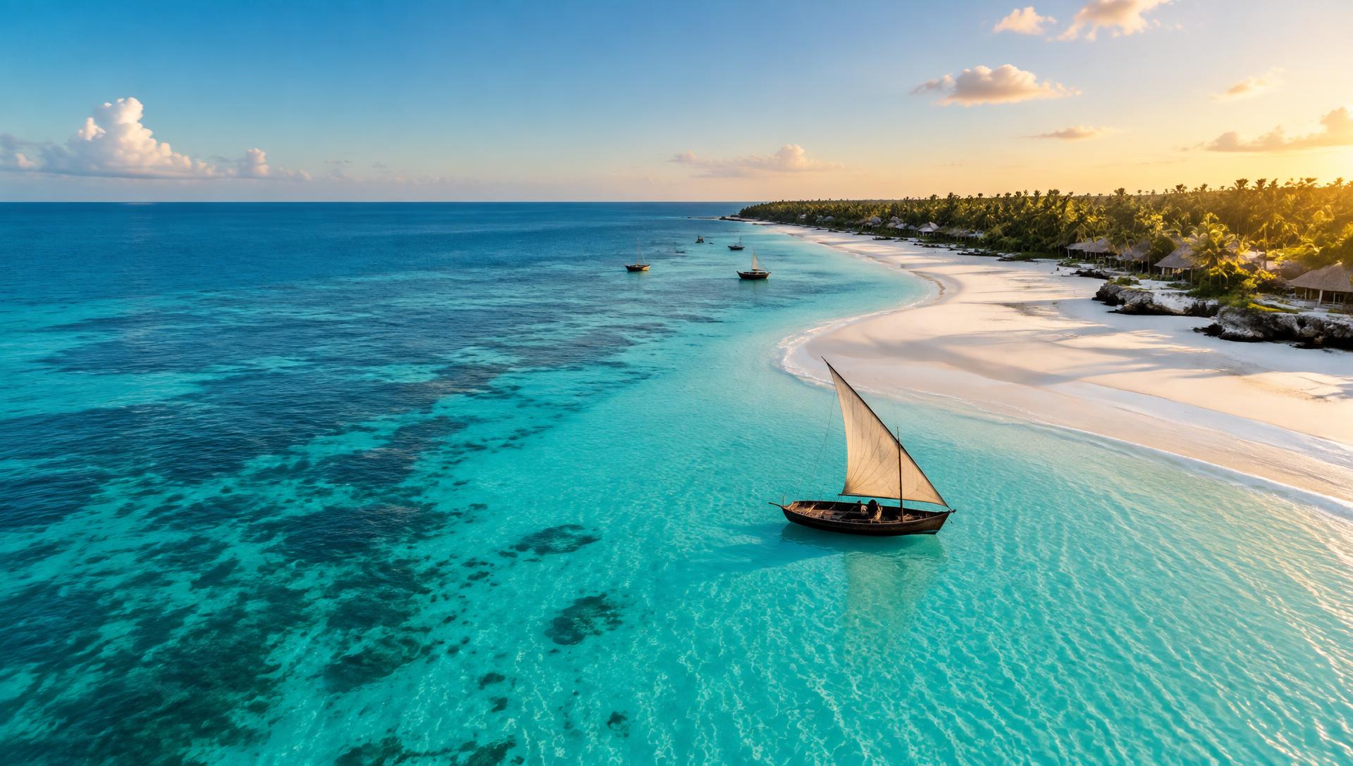 Turquoise Zanzibar coast with a dhow sailing beside the beach